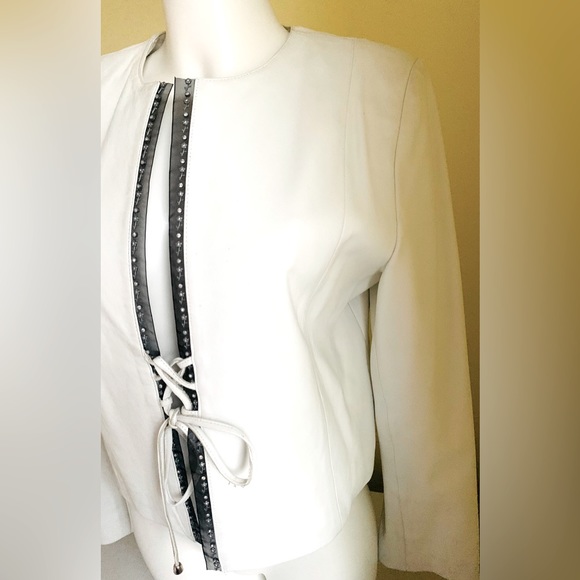 White Real lamb leather blazer Jacket Black Chiphon Trim With Rhinestones Eur L - Picture 6 of 13